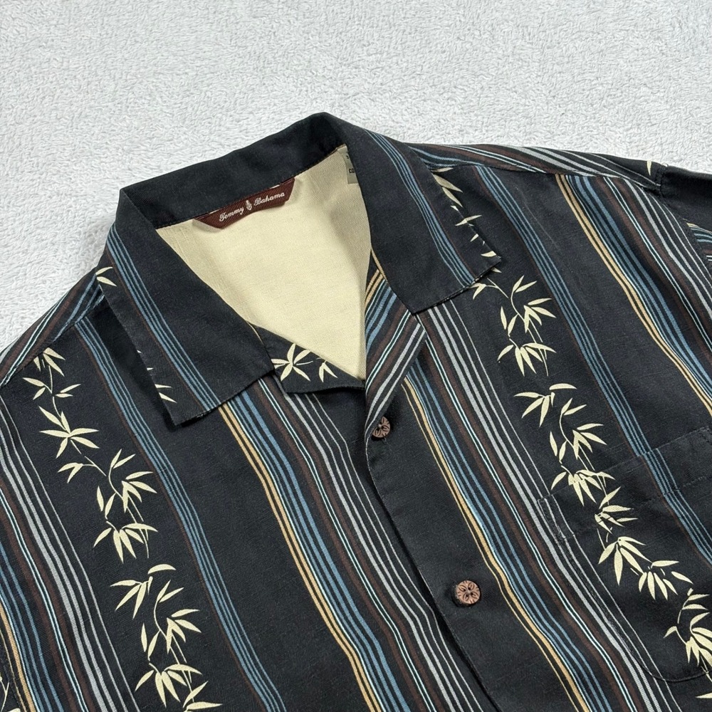 Tommy Bahama Mens Silk Linen Black Striped Bamboo Leaf Camp Shirt Hawaiian Small